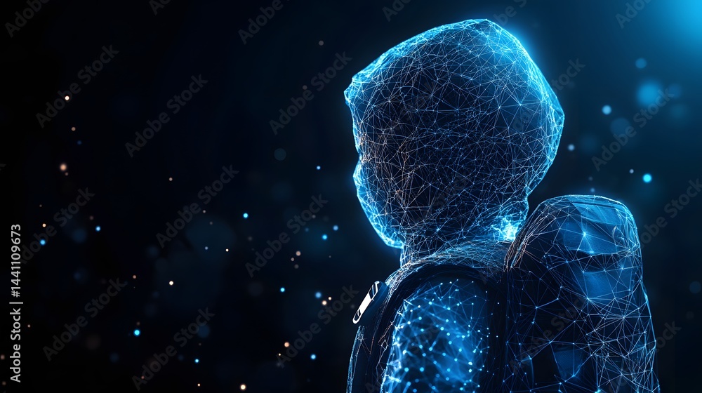 Poster futuristic digital rendering of a person made from bright blue interconnected lines against a dark b
