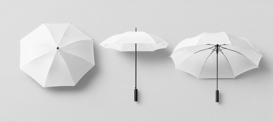 Obraz premium A 3D isolated white umbrella mockup is provided, featuring a modern and realistic parasol with a handle, intended for branding, advertising, and depicting rain weather season fashion, with various