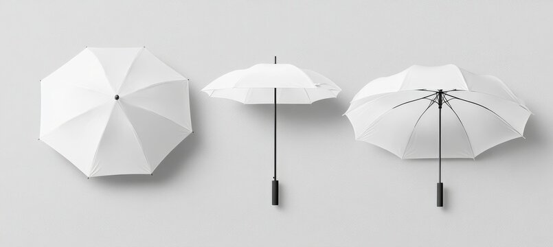 A 3D isolated white umbrella mockup is provided, featuring a modern and realistic parasol with a handle, intended for branding, advertising, and depicting rain weather season fashion, with various