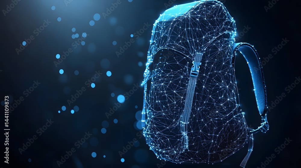 Poster futuristic backpack crafted from a glowing blue wireframe, its intersections marked by bright points