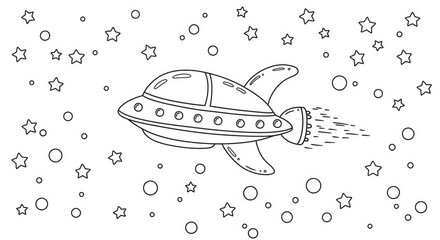 Spaceship Flying Through Space: Black and White Line Art