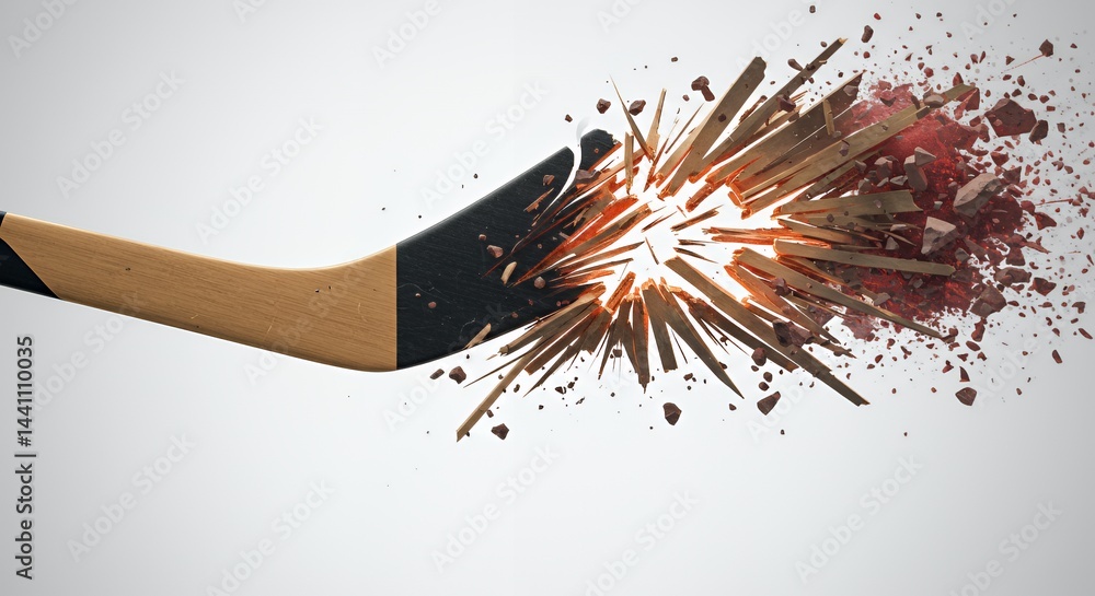 Poster shattered wooden hockey stick exploding in dynamic splinters isolated on clean white background sign