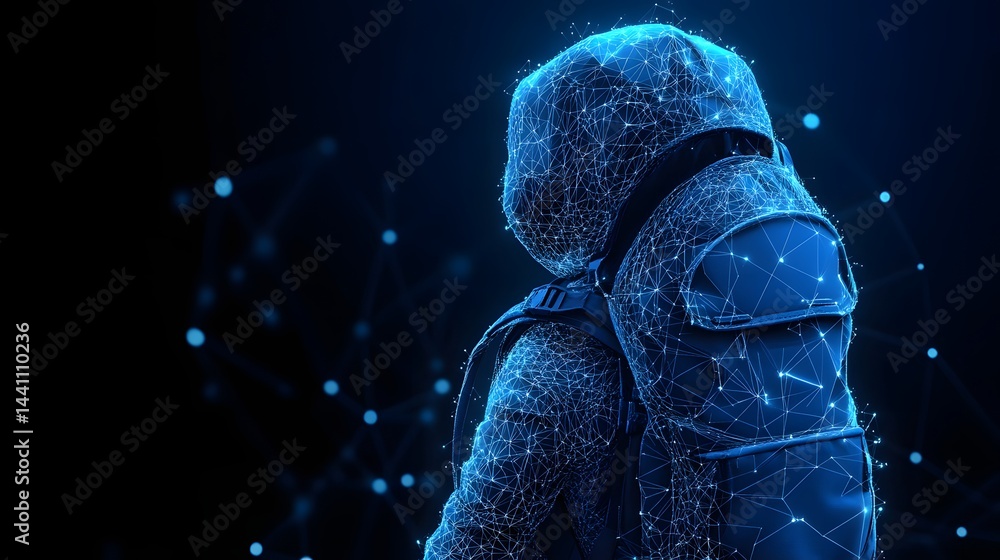 Aufkleber futuristic figure in a hooded jacket with a backpack, outlined by glowing blue lines. the dark backg