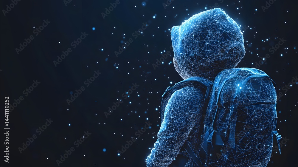Fototapete Futuristic wireframe of a person with a backpack in a dark, star-filled space. The glowing blue lines create a digital and interconnected feel. Abstract wireframe in dark blue.