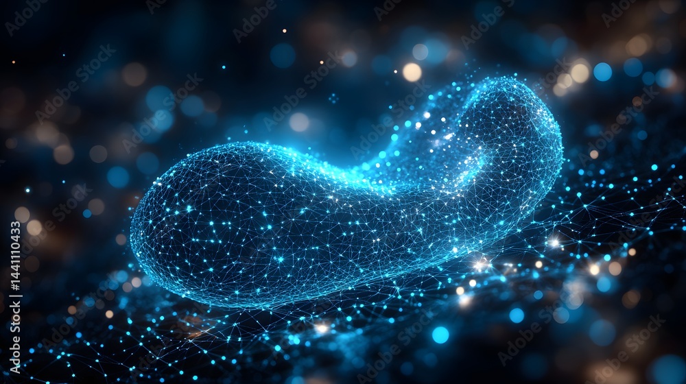 Poster Glowing blue abstract baby sleep monitor shape, a network of connected lines with bright nodes. Bokeh lights add depth. Ideal for tech, data, or network concepts. Abstract wireframe in dark blue