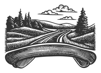 Vintage Hand-Drawn Illustration of Scenic Road and Landscape