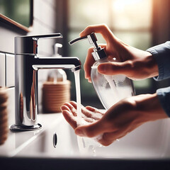 Hand Washing with Soap Under Running Water in a Modern Bathroom Sink  Hygiene and Cleanliness Concept