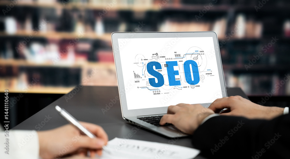 Poster seo search engine optimization for brisk e-commerce and online retail business showing on computer s