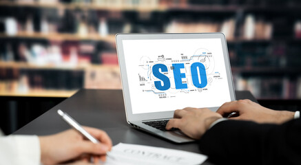 SEO search engine optimization for brisk e-commerce and online retail business showing on computer...