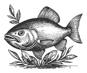 Obraz premium Vintage Hand-Drawn Illustration of a Fish Surrounded by Foliage
