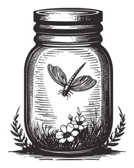 Vintage Hand-Drawn Illustration of Jar with Dragonfly and Flowers