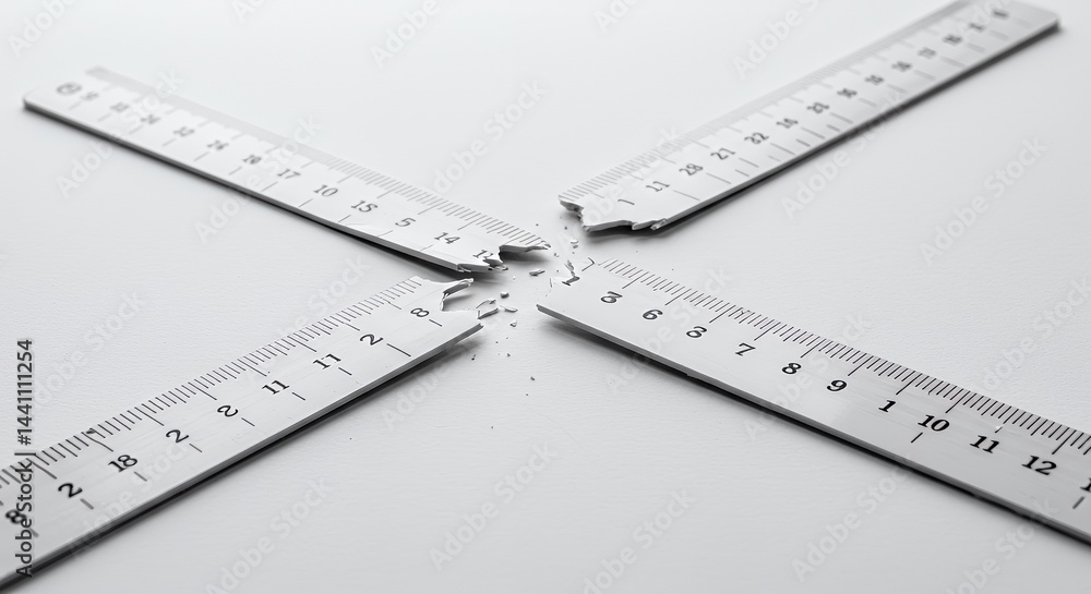 Poster snapped broken metal ruler arranged in a cross pattern isolated on white background studio displayin