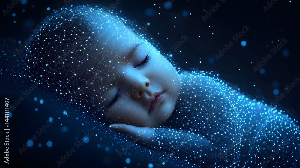 Poster Dreamy image of a sleeping baby enveloped in a glowing digital mesh, suggesting technology and infancy. Bokeh lights add to the serene, futuristic feel. Abstract wireframe in dark blue.