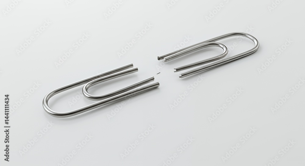 Poster snapped silver paperclip on white seamless background emphasizing damage reuse and recycle concepts 
