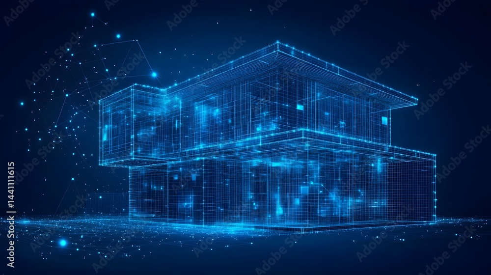 Poster futuristic two-story house depicted in a blue wireframe against a dark backdrop. a digital represent