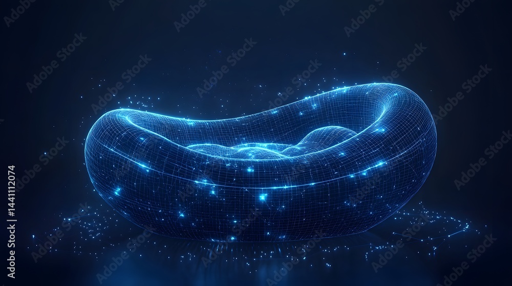 Poster futuristic wireframe design displaying a luminous blue trough. glowing particles enhance the digital