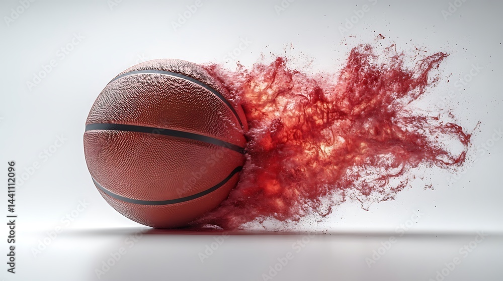Poster dynamic basketball exploding in a burst of vibrant red.