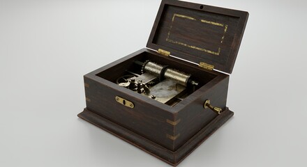 Solitary Broken Antique Music Box on White Background with Damaged Mechanism Ideal for Ads and Decoration Isolated on Clean White Backdrop