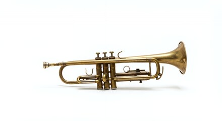Obraz premium Solitary Broken Brass Trumpet on White Backdrop Depicting Damage Reuse and Recycle Musical Concept