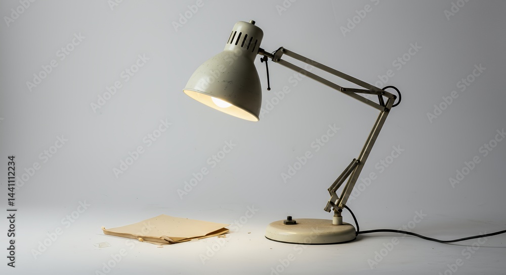 Poster solitary broken desk lamp in abandoned classroom isolated on white screen illuminating secrets left 