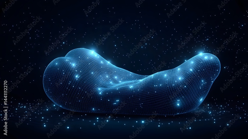 Poster a blue wireframe baby sleep monitor on a dotted surface, set against a starry backdrop. sparkling po