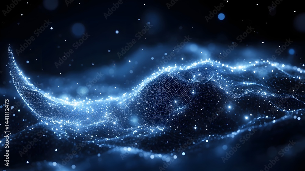 Poster futuristic abstract network of glowing blue particles and lines creates a dynamic, digital wave. evo