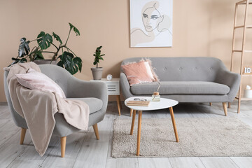 Stylish living room with comfortable sofa, coffee table and armchair