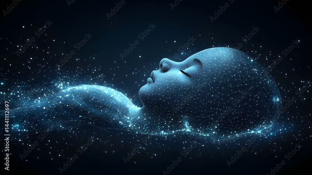 Poster Futuristic glowing figure rendered with connected lines and dots, set against a dark background creating a digital or AI concept. Representing consciousness. Abstract wireframe in dark blue