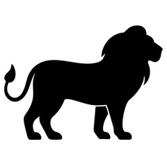 A black silhouette of a lion standing in profile, with a full mane