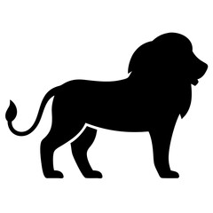 A black silhouette of a lion standing in profile, with a full mane