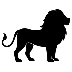 A black silhouette of a lion standing in profile, with a full mane