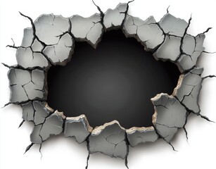 A damaged concrete wall featuring a hole and cracked floor, set against a transparent backdrop, exemplifies a 3D earthquake destruction frame with a distressed texture, symbolizing ruined cement