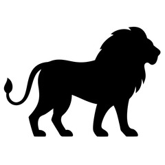 A black silhouette of a lion standing in profile, with a full mane