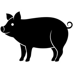 A black silhouette of a pig standing in profile, with a round body, short legs, and a curly tail