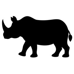 A black silhouette of a rhinoceros walking, shown in profile, with a large body, short legs, and a prominent horn