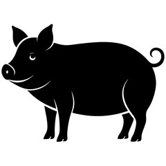 A black silhouette of a pig standing in profile, with a round body, short legs, and a curly tail