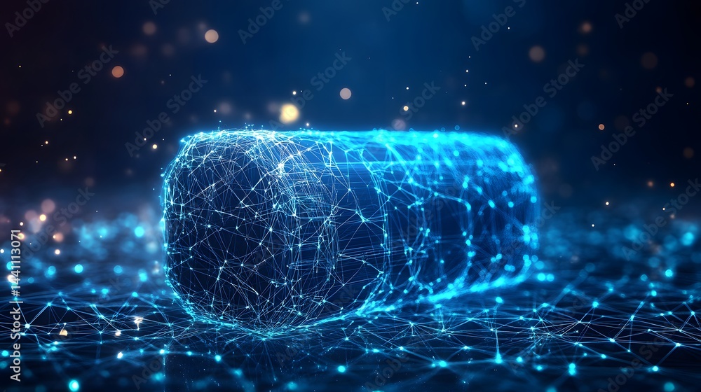 Aufkleber Futuristic technology concept featuring a glowing blue network emanating from a central prism. Bokeh lights add depth to this abstract digital scene. Abstract wireframe in dark blue