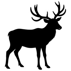 A black silhouette of an elk with large antlers, shown in profile