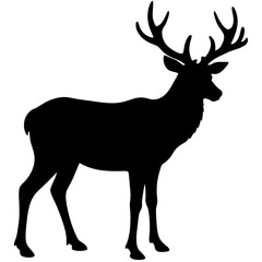 A black silhouette of an elk with large antlers, shown in profile
