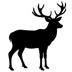 A black silhouette of an elk with large antlers, shown in profile