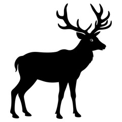 A black silhouette of an elk with large antlers, shown in profile