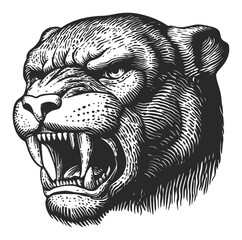 Vintage Hand-Drawn Illustration of a Roaring Panther Head