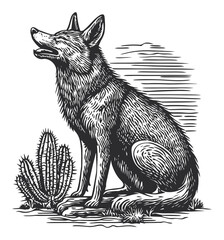 Vintage Hand Drawn Illustration of a Howling Coyote with Cactus