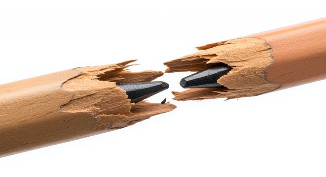 Splintered Wooden Pencil with Exposed Graphite Core on White Background Symbolizing Creative Block and Damage in Detailed Close up