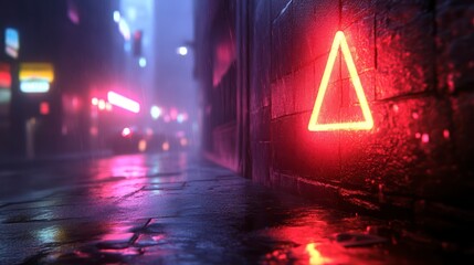 Fototapeta premium Neon Triangle in Rainy Urban Night Scene with Vibrant Lights and Reflections on Wet Pavement