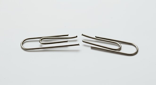 Split Apart Paper Clip Symbolizing Fractured Order on Isolated White Screen Background Detailed Object Illustrating Frustration and Disarray