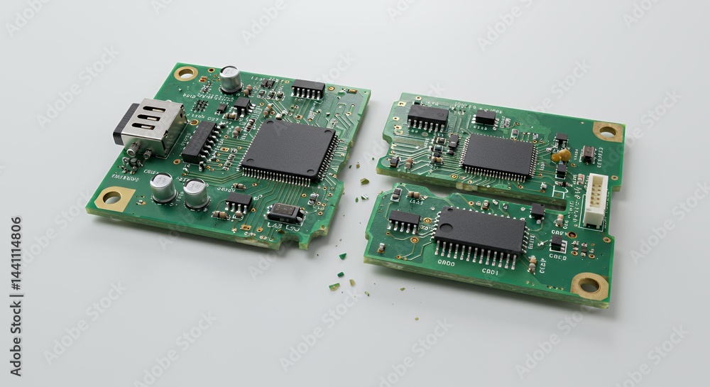 Poster split green circuit board detail isolated on white screen revealing delicate pathways broken electro