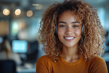 Fototapeta premium Smiling Customer Service Representative with Headset in Modern Office