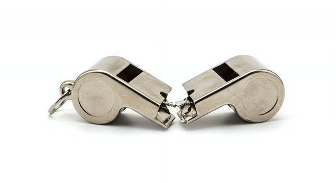 Split Silver Metal Whistle with Cracked Wide Open Laying Isolated Against White Screen Backdrop with Detailed Texture Studio Shot