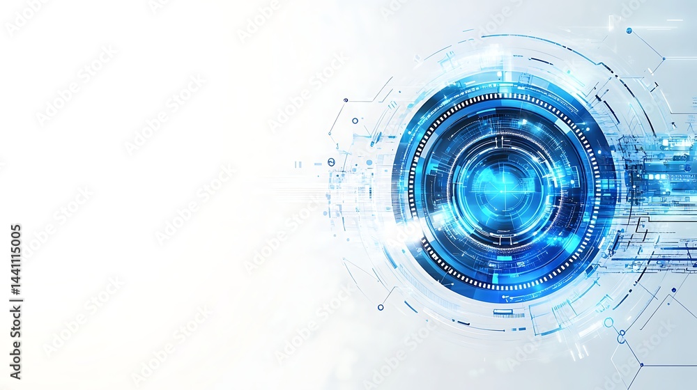 Poster futuristic digital interface with circular blue elements on a white background